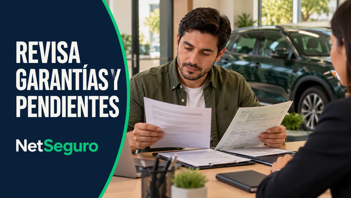 Propietario comparando contrato financiero y documentos con un auto verde al fondo.