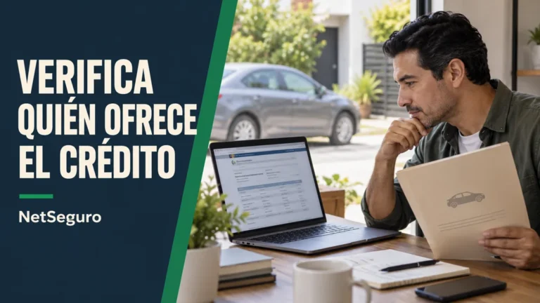 Hombre revisando una página en su computadora junto a una carpeta, con un auto gris al fondo.