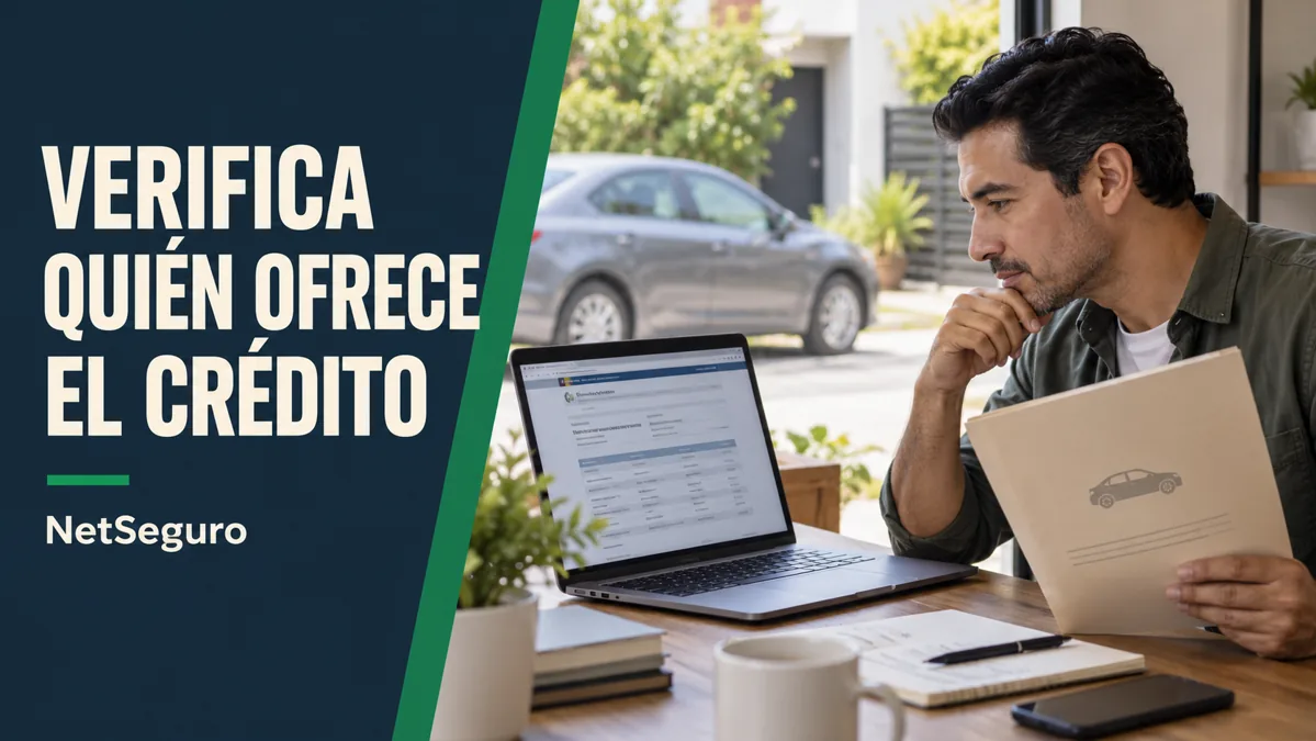 Hombre revisando una página en su computadora junto a una carpeta, con un auto gris al fondo.