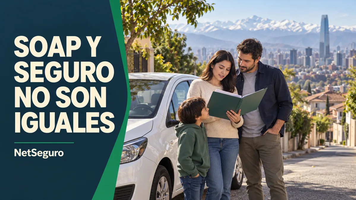 Familia revisando una carpeta junto a un auto blanco, con una ciudad y montañas al fondo.