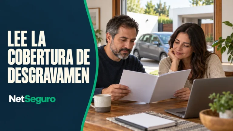 Pareja leyendo un documento de seguro en casa, con un auto gris al fondo.