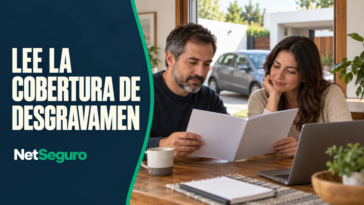 Pareja leyendo un documento de seguro en casa, con un auto gris al fondo.