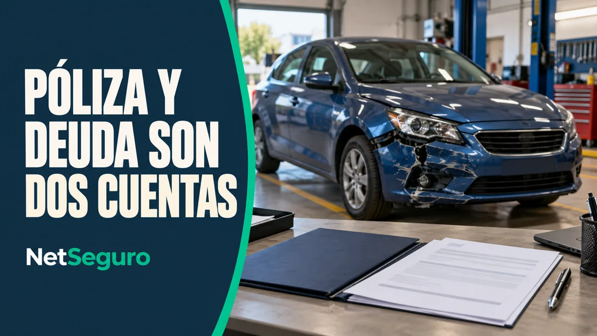 Auto azul con daños visibles en un taller, junto a dos documentos de revisión.