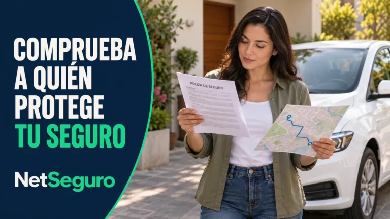 Conductora revisando una póliza y un mapa junto a un auto blanco.