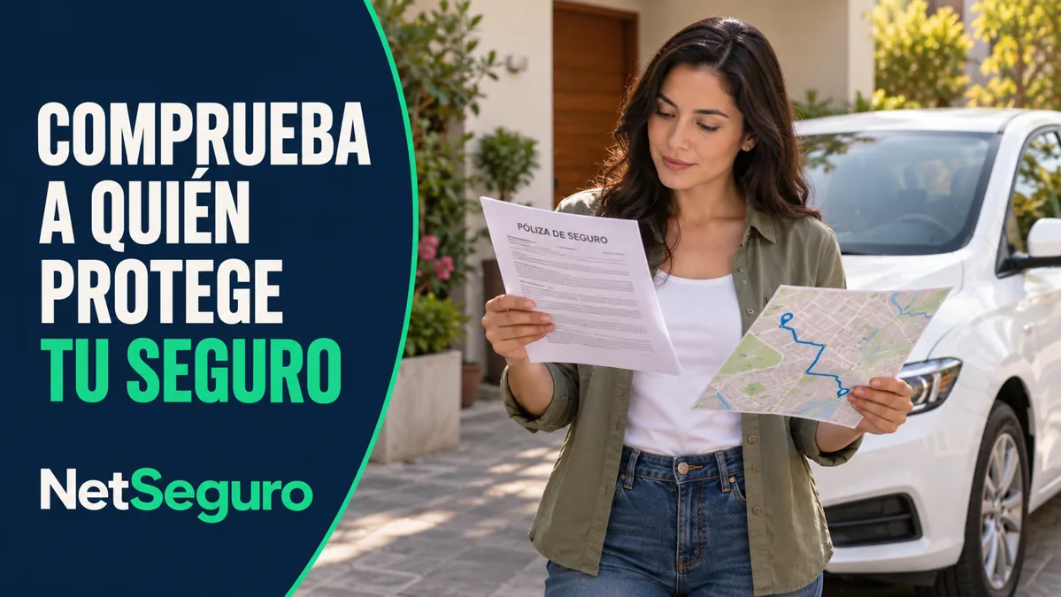 Conductora revisando una póliza y un mapa junto a un auto blanco.