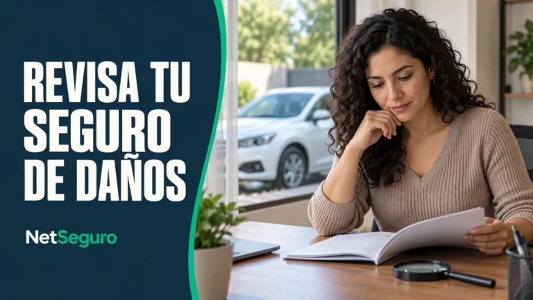 Mujer leyendo una póliza junto a una lupa, con un auto blanco al fondo.