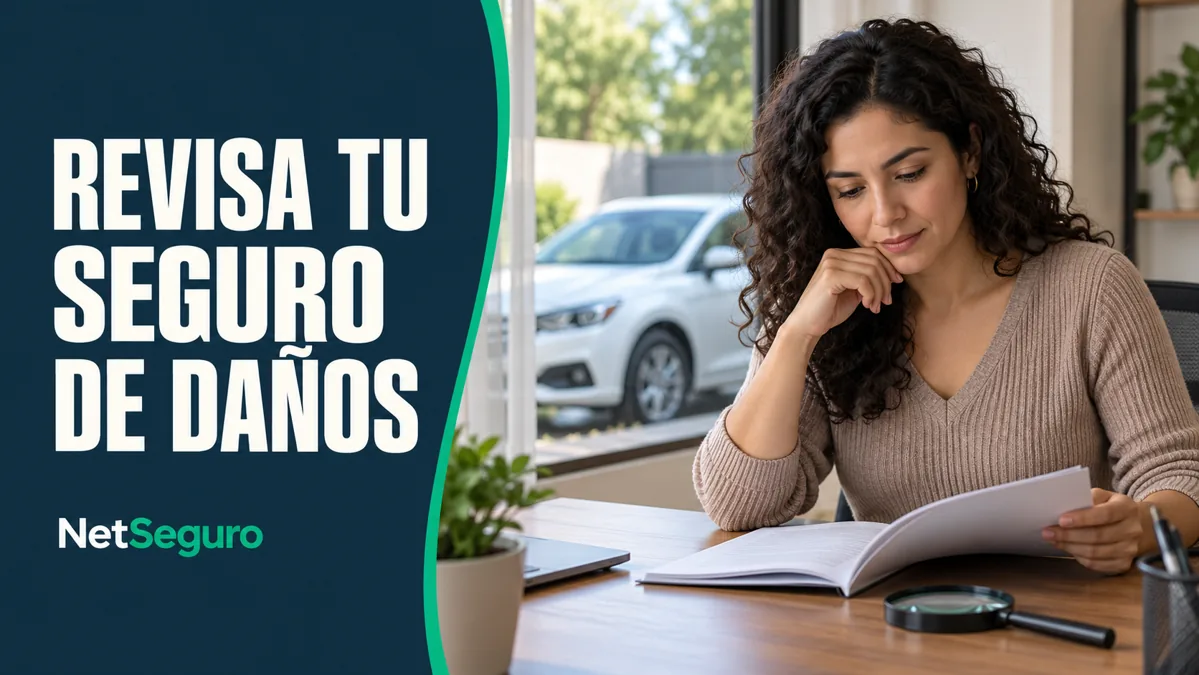 Mujer leyendo una póliza junto a una lupa, con un auto blanco al fondo.