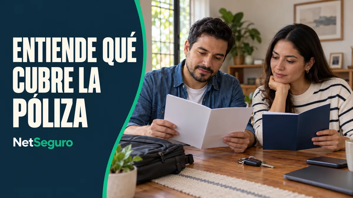 Pareja comparando dos documentos de seguro junto a una bolsa de trabajo y llaves de auto.