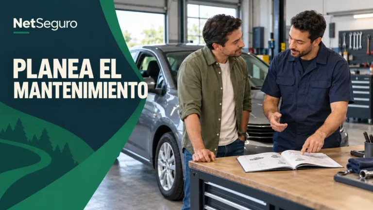 Propietario y mecánico revisando un manual abierto en un taller, junto a un auto gris.