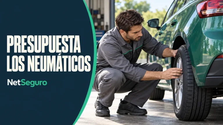 Mecánico revisando un neumático junto a un auto verde estacionado.