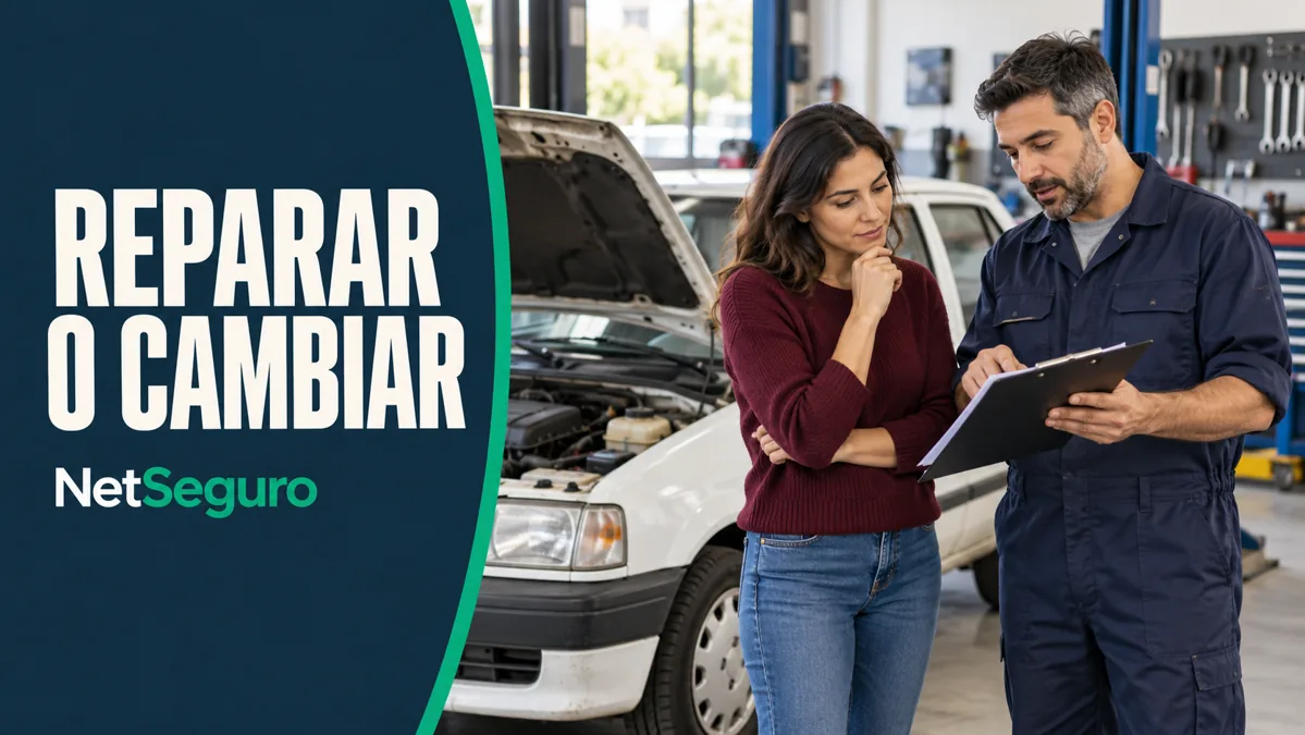 Propietaria revisando un presupuesto con un mecánico junto a un auto blanco.