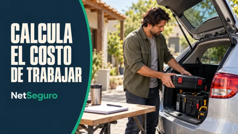 Trabajador guardando una caja de herramientas en un auto plateado, junto a un cuaderno.