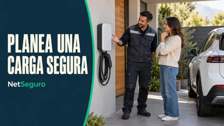 Instalador explicando un cargador de pared a una propietaria junto a su auto eléctrico.