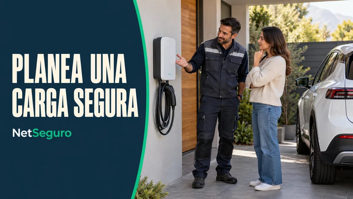 Instalador explicando un cargador de pared a una propietaria junto a su auto eléctrico.