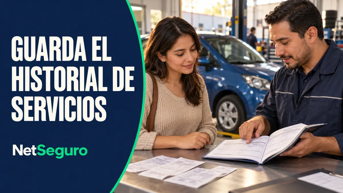 Propietaria revisando libreta de servicios y comprobantes con un asesor en un taller.