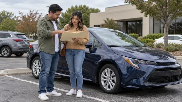 Ilustración generada de dos personas revisando una carpeta junto a un auto azul.
