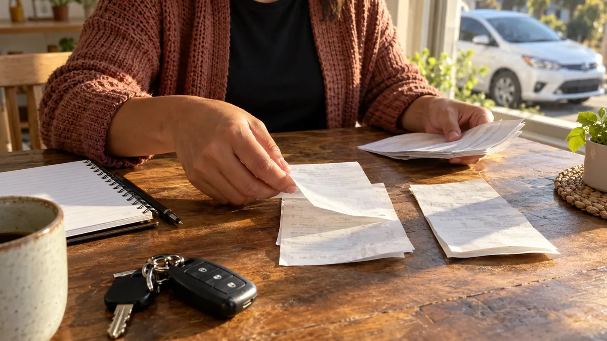 Ilustración generada de llaves, documentos y una libreta para organizar los gastos de compra de un auto.