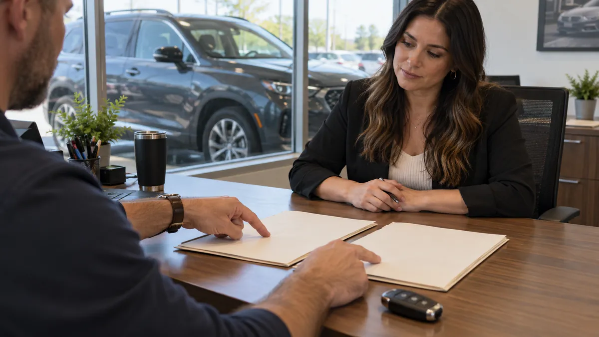 Ilustración generada de dos personas revisando carpetas sobre un escritorio en una oficina de venta de autos.