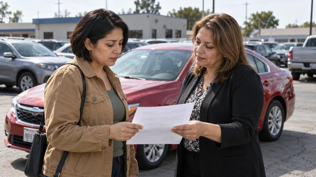 Ilustración generada de una compradora revisando una cotización junto a un auto en un lote de venta.
