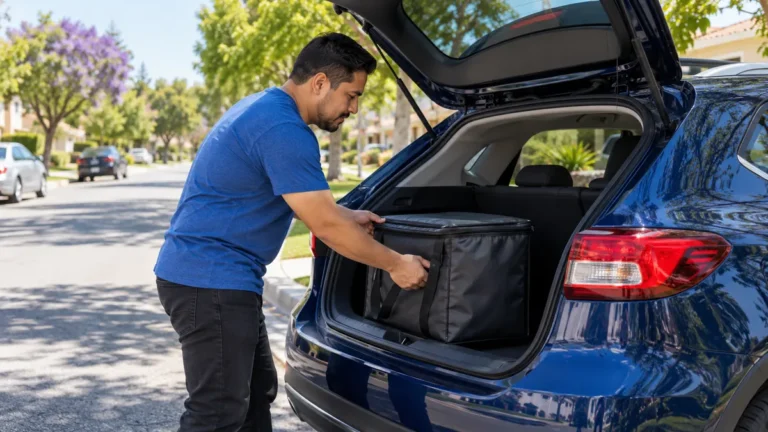 Ilustración generada de una persona colocando una bolsa de entregas sin marca en el maletero de un auto.