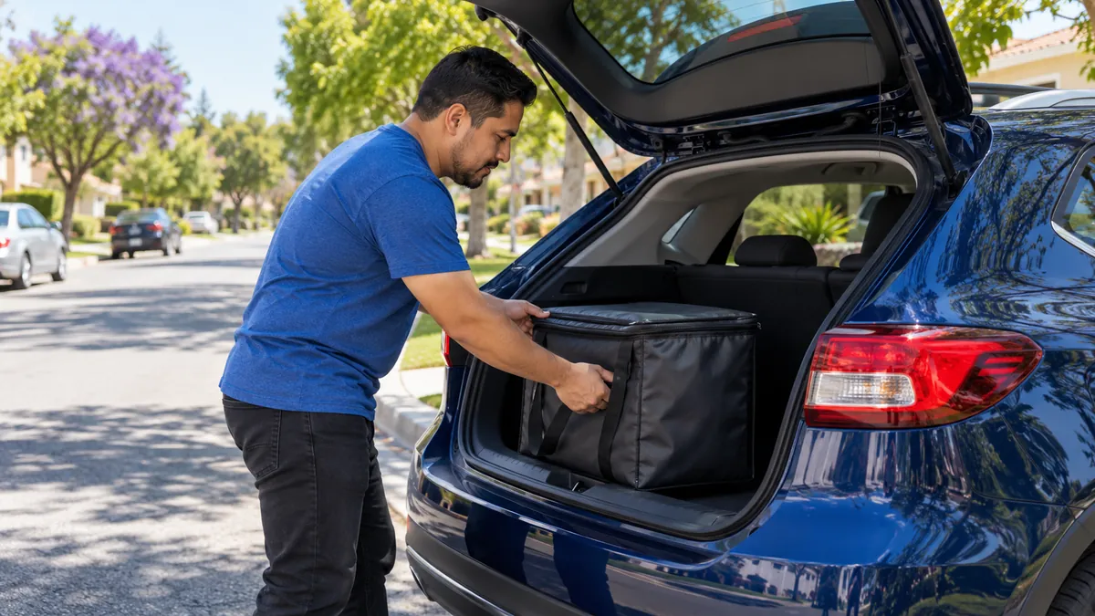 Ilustración generada de una persona colocando una bolsa de entregas sin marca en el maletero de un auto.