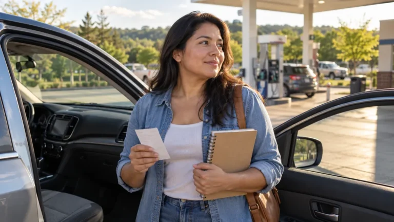 Ilustración generada de una persona con un recibo y una libreta junto a un auto estacionado en una gasolinera.